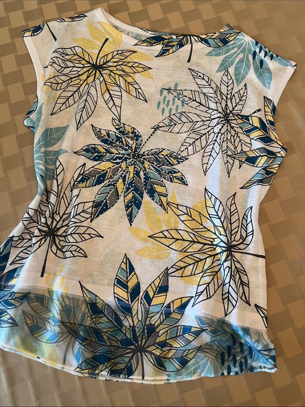 Women's Floral Rhinestone Leaf Print Sleeveless Top in White, Blue & Yellow S